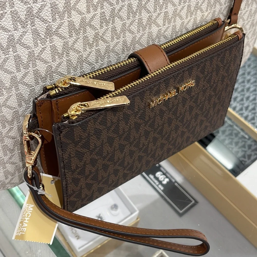 Michael Kors Jet Set Travel Large Double-Zip Wristlet-Wallet-PhoneHolder Brown